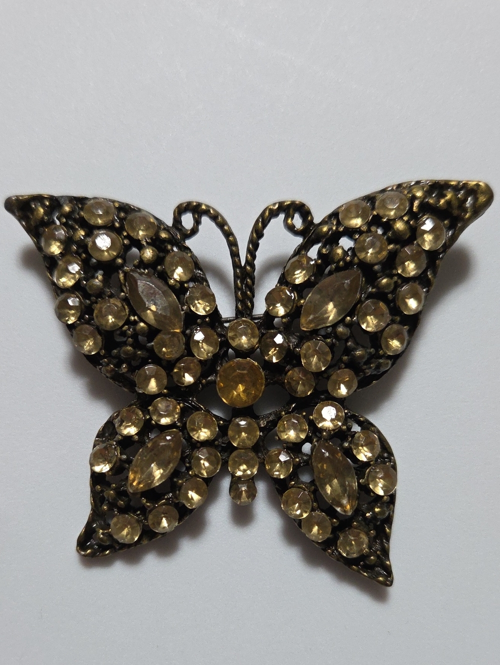 Vintage Large Rhinestone Butterfly Brooch Pin Brass Tone Figural Statement Estat